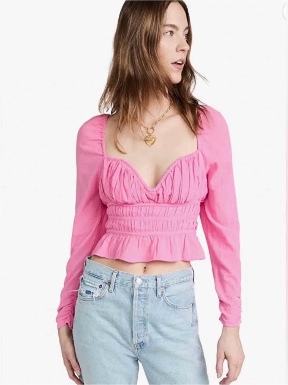 Pink Women's Smocked Peasant Crop Top - FREE PEOPLE